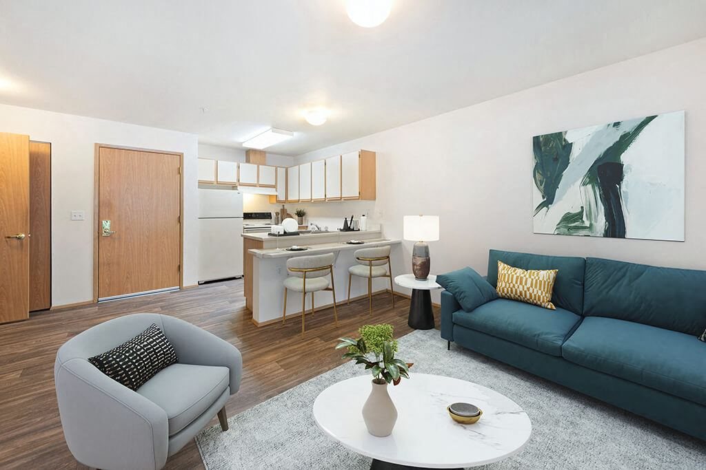Living room with ample lighting at Boardwalk in Olympia WA